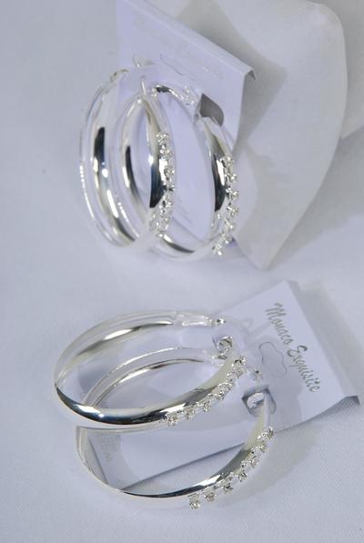 Earrings Metal Hoop Clear Rhinestone Silver / 12 pair = Dozen Post , Size - 2" Wide , Earring card & OPP Bag & UPC Code