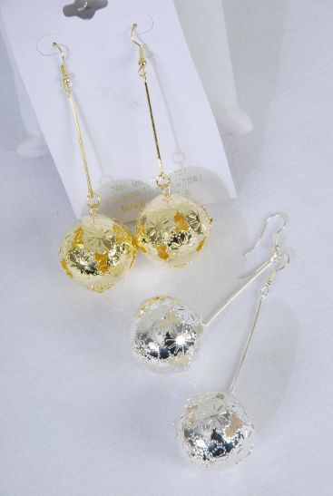 Earrings Filigree Balls Gold Silver Mix / 12 pair = Dozen Size - 3" Long , 18 mm Balls , Earring Card & OPP Bag & UPC Code