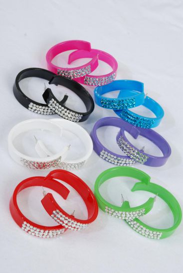 Earrings Acrylic Hoop Clear Stone Studded Multi / 12 pair = Dozen  Post , Size - 2" Wide , 2 Purple , 2 White , 2 Black , 2 Red , 2 Fuchsia , 1 Blue , 1 Green Color Asst , Earring Card & Opp Bag & UPC Code 