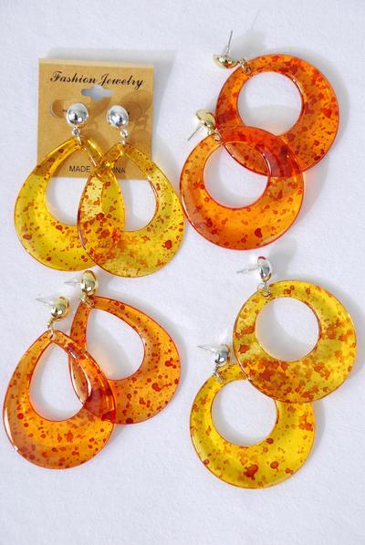 Earrings Acrylic Teardrop & Round Shape Mix Tortoise Amber Colour Mix / 12 pair = Dozen Post , Size - Teardrop - 2.25" x 1.75" Wide , Round - 2" Wide , 3 Of Each Pattern Asst , Earring Card Opp Bag & UPC Code