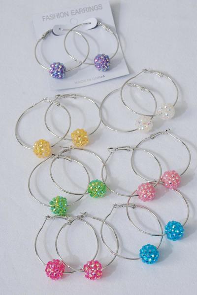 Earrings Silver Hoop 14 mm Tiffany Ball Candy Color Mix Multi / 12 pair = Dozen Post , Size - 2" Wide , 2 Fuchsia , 2 Blue , 2 Yellow , 2 White , 2 Lime , 2 Lavender Color Asst , Earring Card & OPP Bag & UPC Code