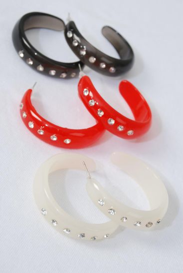 Earrings Acrylic Hoop Clear Rhinestones Red White Black Color Mix Post / 12 pair = Dozen  Post , Size - 1.75" Wide , 4 Red , 4 Ivory , 4 Black Color Mix , Earring Card & OPP bag & UPC Code