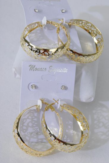 Earrings 2 pair Filigree Hoop Clear Rhinestone Studs Mix Gold/ 24 pair = Dozen Post , Hoop Size - 1.75" Wide , Earring Card & OPP Bag & UPC Code , 2 pcs per Card , 12 card = Dozen