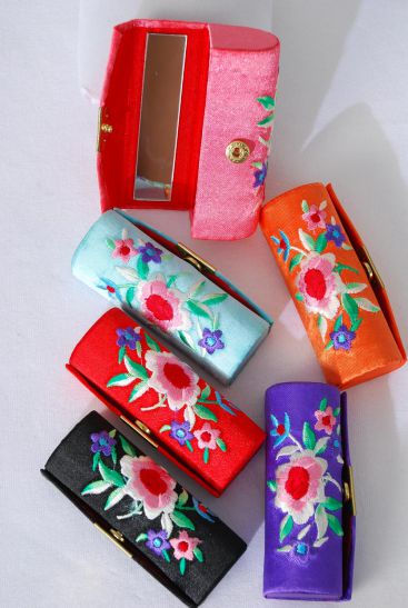 Lipstick Holder Satin Embroidery W Mirror / 12 pcs = Dozen Multi , Size - 3.5" x 1.25", 2 of each Color Asst , Opp Bag & UPC Code                           