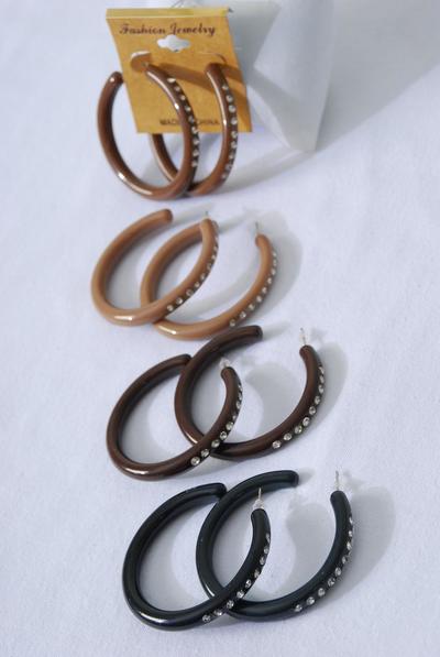 Earrings Acrylic Hoop Clear Rhinestone Brown Tone Mix / 12 pair = Dozen  Post , Hoop Size - 1.75" Wide , 3 of each Color Asst , Earring card & OPP bag & UPC Code