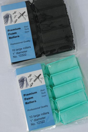Foam Rollers 10 ct Large / 12 Bag = Pack Size-1" Dia Wide , Choose Black Or Mint Green Colors , Individual OPP Bag & UPC Code