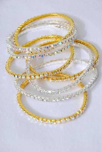 Bracelet Single Tennis Iridescent Rhinestone / 12 pcs = Dozen Stretch , Hang Tag & OPP bag & UPC Code , Choose Colors