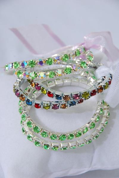 Child Bracelet Single Tennis 2 pcs w Ribbon Rhinestone Green / 12 pcs = Dozen  Green , Stretch , w Hang Tag & OPP Bag 
