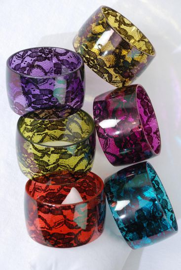 Bracelet Bangle Acrylic Wide Fall Transparent Flower Multi / 12 pcs = Dozen Multi , Size - 2.75" x 1.75" Dia Wide , 2 of each Color Ass , Hang tag & Opp Bag & UPC Code