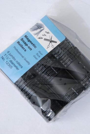 Magnetic Snap On Rollers 6 ct Jumbo Black / 12 Bag = Pack  Black , Jumbo Size - 1 1/2" Dia Wide , Individual OPP Bag & UPC Code , 6 pcs per Bag , 12 Bag = Pack 