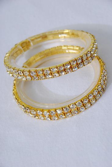 Bracelet 2 Line Tennis Rhinestones Stretch Gold / 12 pcs = Dozen Gold , Stretch , Opp Bag & UPC code 