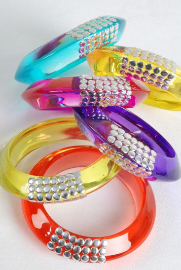 Bracelet Bangle Acrylic Transparent Silver Studded Multi / 12 pcs = Dozen Multi , Size - 2.75" x 1" Dia Wide , 2 of each Color Asst , Hang tag & Opp bag & UPC Code