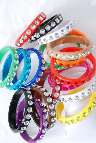 Bracelet Bangle Acrylic Clear Stone All Around / 12 pcs = Dozen  Size- 3"x 0.5" Dia Wide , Choose Colours , Hang tag & OPP Bag & UPC Code