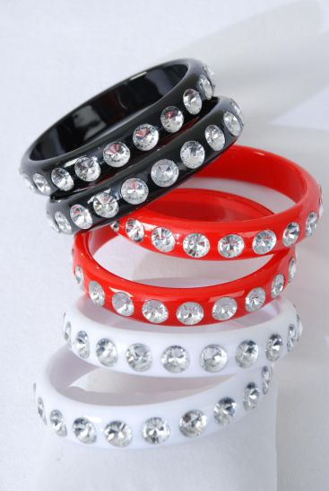 Bracelet Bangle Acrylic Clear Stones All Around Red White Black Mix / 12 pcs = Dozen  Size - 2.75" x 0.5" Dia Wide , 4 Red , 4 White , 4 Black Color Mix , Hang Tag & OPP Bag & UPC Code