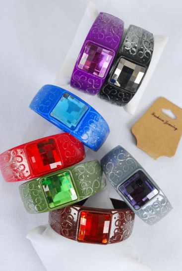 Bracelet Bangles Acrylic Hinge Brush Stroke Multi / 12 pcs = Dozen Hinge , Size- 2.75" x 1.25" Wide , 2 Black , 2 Red , 2 Brown , 2 Gray , 2 Olive , 1 Blue , 1 Purple Color Asst , Hang tag & OPP Bag & UPC Code
