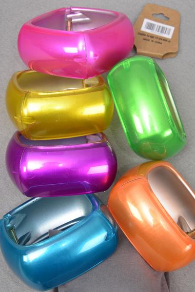 Bracelet Bangle Acrylic Hinge Cat-eye Hinge Square Silky Multi / 12 pcs = Dozen Multi , Hinge , Size - 2.75" x 1.75" Dia Wide , 2 Fuchsia , 2 Yellow , 2 Blue , 2 Purple , 2 Lime Green , 2 Orange Mix , Hang tag & OPP bag & UPC Code