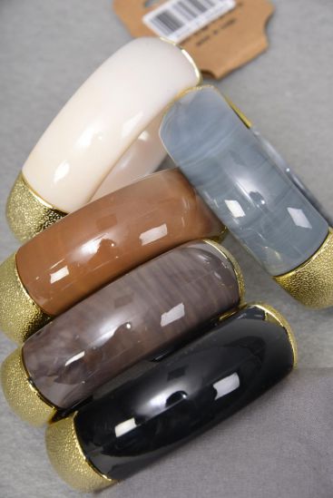 Bracelet Bangle Acrylic Marble Look Gold Trim Neutral Color Mix  / 12 pcs = Dozen Netural , Size - 2.75" x 1" Dia Wide , 4 Ivory , 2 Black , 2 Dark Brown , 2 Camel , 2 Gray Color Asst , Hang Tag & Opp bag & UPC Code 