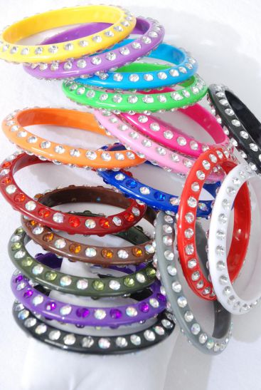 Bracelet Bangle Acrylic Clear Stones 2 Sides All Around / 12 pcs = Dozen Size- 3" Dia Wide , Choose Colours , Hang tag & Opp bag & UPC Code