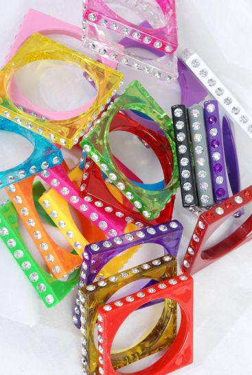 Bracelet Bangle Acrylic Square Clear Stones All Around / 12 pcs = Dozen  Size - 2.75" Dia Wide , Choose Colors , Hang Tag & Opp bag & UPC Code