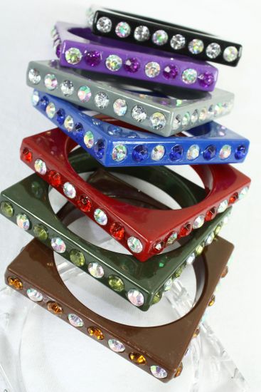 Bracelet Bangle Acrylic Square Clear Stones All Around Dark Multi / 12 pcs = Dozen  Size - 0.5" x 2.75" Dia Wide , 2 Black , 2 Brown , 2 Olive , 2 Royal Blue , 2 Burgundy ,1 Purple,1 Gray Color Asst , Hang tag & OPP Bag & UPC Code