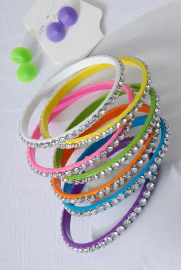 Bracelet Earring Sets Bangle Metal Color Clear Stones All Around Multi / 12 pcs = Dozen Size - 2.75" Wide , 2 Lime , 2 Orange , 2 Pink , 2 Blue , 2 Yellow , 1 White , 1 Purple Color Asst , Hang Tag & OPP Bag & UPC Code