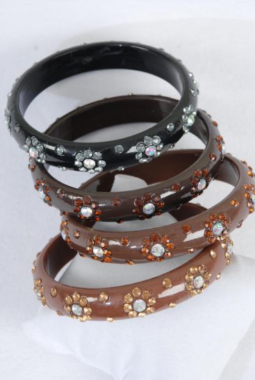 Bracelet Bangle Acrylic Flower Stones All Around Browntone Mix / 12 pcs = Dozen Size - 0.75" x 2.75" Dia Wide , Plus Size , 3 Black , 3 Dark Brown , 3 Medium Brown , 3 Camel Color Mix , Hang tag & OPP bag & UPc Code 
