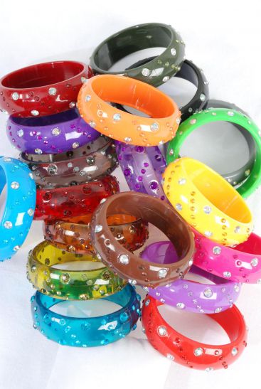 Bracelet Bangle Acrylic Stones All Around / 12 pcs = Dozen Size - 2.75" x 1" Wide , Choose Colors , Hang Tag & OPP Bag & UPC Code