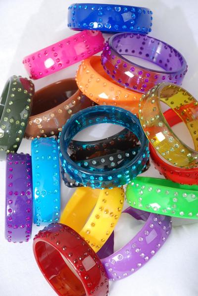 Bracelet Bangle Acrylic Stones All Around / 12 pcs = Dozen Size - 2.75" x 1"Dia Wide , Choose Colors , Hang Tag & OPP Bag & UPC Code