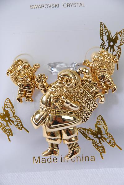 Christmas Brooch Pendant Earrings Sets Santa Post / 12 Sets = Dozen Santa , Post , Brooch or Pendant Size - 1.75" x 1.5" Wide , Earring - 1" x 0.75" Wide ,Display Card & OPP Bag