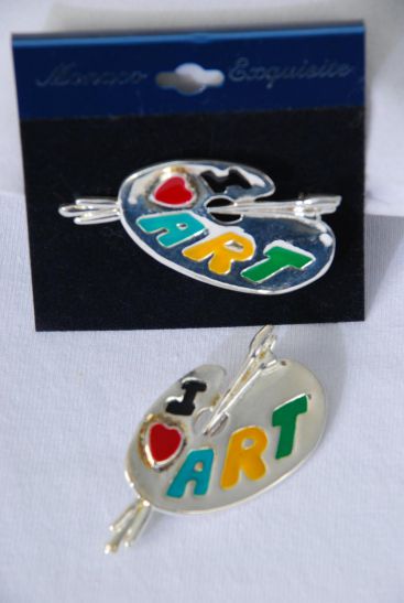 Brooch Enamel I Love Art Silver / 12 pcs = Dozen Silver , Size - 2" x 1" Wide , Velvet Card & OPP bag 