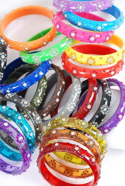 Bracelet Bangle Acrylic Flower Stones All Around / 12 pcs = Dozen Size - 2.75" x 0.5" Dia Wide , Choose Colors , Hang Tag & Opp bag & UPC Code 
