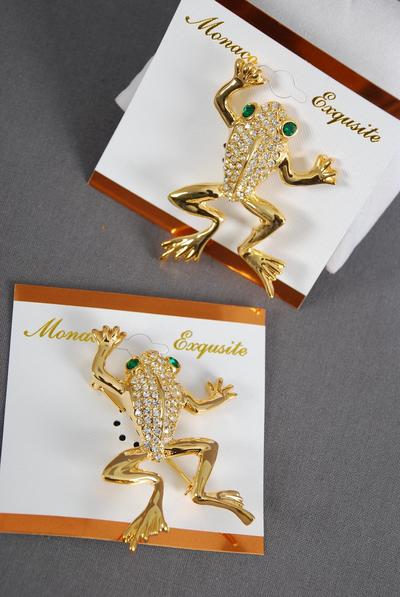 Brooch Gold Frog Rhinestones / 12 pcs = Dozen Size - 2.5" x 1.75" Wide , Display Card & OPP Bag