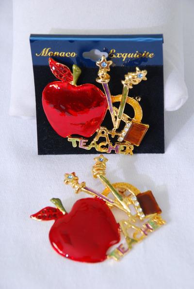 Brooch Enamel Teacher Apple / 12 pcs = Dozen  Size - 2" x 1.75" Wide , Velvet Display Card & Opp Bag , Choose Gold or Silver Finishes