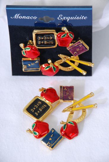 Brooch Enamel Apple Stationary / PC Gold , Size - 2" x 1.75" Wide , Velvet Display Card & Opp Bag 
