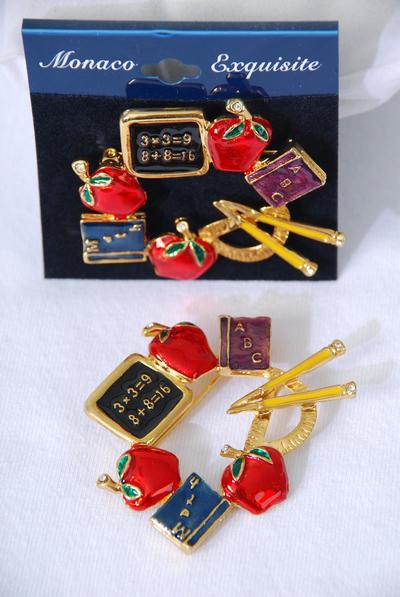Brooch Enamel Apple Stationary / PC Size - 2" x 1.75" Wide , Velvet Display Card & Opp Bag 