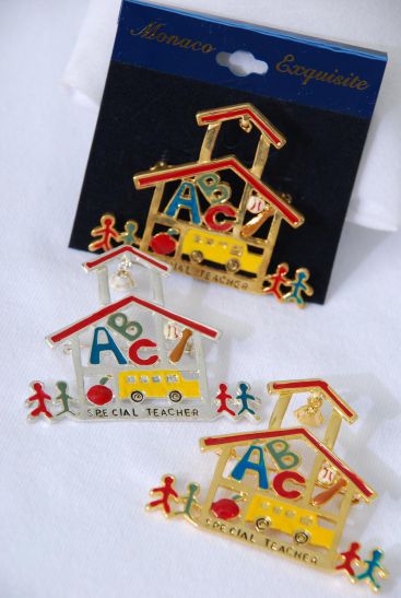Brooch Enamel School Bus ABC School House / 12 pcs = Dozen Size - 2" x 1.75" Wide , Velvet Card & Opp Bag , Choose Gold or Silver or Asst
