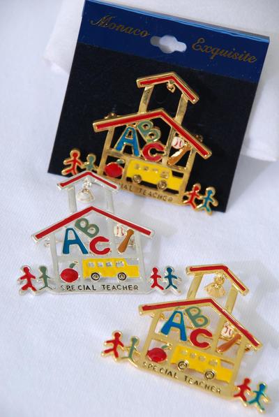 Brooch Enamel ABC School House / PC  Size - 2" x 1.75" Wide , Velvet Card & Opp Bag & UPC Code , Choose Finish