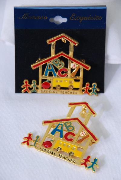 Brooch Enamel School Bus ABC School House / 12 pcs = Dozen Size - 2" x 1.75" Wide , Velvet Card & Opp Bag , Choose Gold or Silver or Asst
