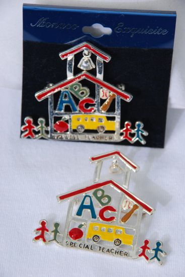 Brooch Enamel School Bus ABC School House Silver / 12 pcs = Dozen  Silver , Size - 2" x 1.75" Wide , Velvet Card & Opp Bag & UPC Code