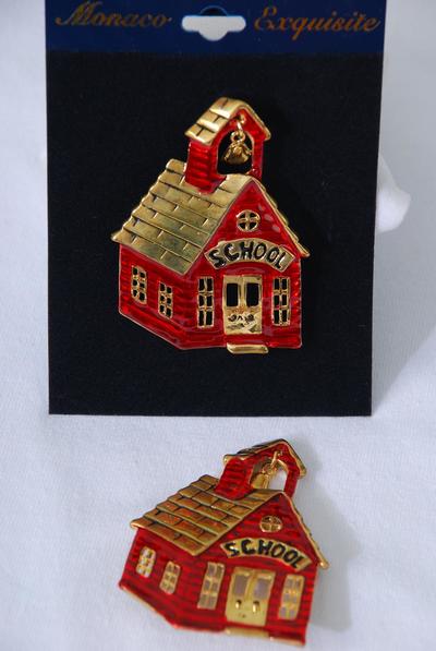 Brooch Enamel School House / 12 pcs = Dozen Size - 2.25" x 1.75" Wide , Velvet Display Card & Opp Bag & UPC Code , Choose Gold Or Silver or Mix Finishes