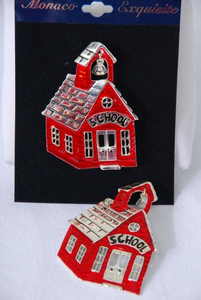 Brooch Enamel School House / 12 pcs = Dozen Size - 2.25" x 1.75" Wide , Velvet Display Card & Opp Bag & UPC Code , Choose Gold Or Silver or Mix Finishes