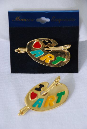 Brooch Enamel I Love Art Gold / 12 pcs = Dozen Gold , Size - 2" x 1" Wide , Velvet Card & OPP bag 
