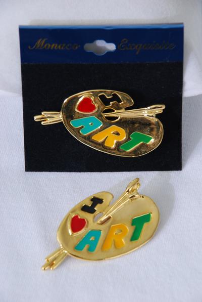 Brooch Enamel I Love Art / 12 pcs = Dozen Size - 2" x 1" Wide , Velvet Card & OPP bag  , Choose Gold Or Silver Finishes