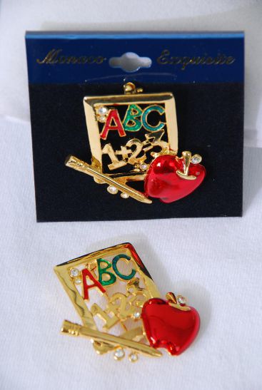 Brooch Enamel Apple Rhinestones ABC 123 Note  Pad Gold / 12 pcs = Dozen Gold , Size - 1.5" x 1.25" Wide , Velvet Card & Opp Bag