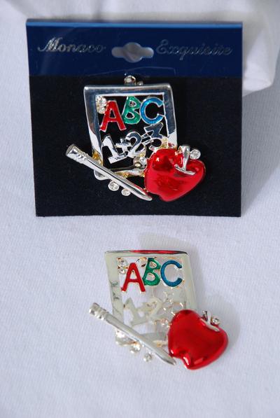 Brooch Enamel Apple Rhinestones ABC 123 Note  Pad / 12 pcs = Dozen Size - 1.5" x 1.25" Wide , Velvet Card & Opp Bag  , Choose Gold or Silver or Asst Colors