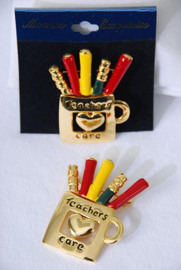Brooch Enamel Teachers Cares Mug Gold / 12 pcs = Dozen Gold , Size - 2" x 1.5" Wide , Velvet Display Card & Opp Bag 
