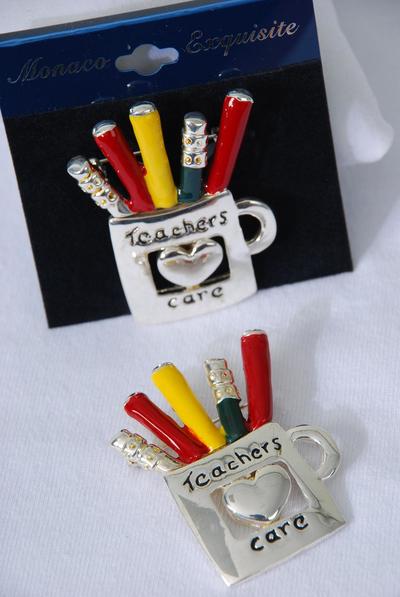 Brooch Enamel Teachers Cares Mug / 12 pcs = Dozen Size - 2" x 1.5" Wide , Velvet Display Card & Opp Bag , Choose Gold Silver Finishes