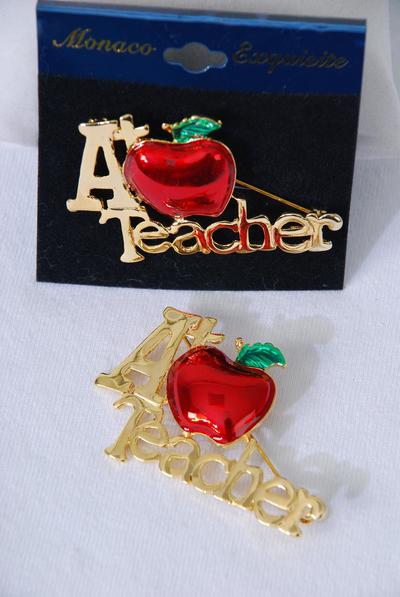 Brooch Enamel A+ Apple Teacher Gold / pc Size - 2" x 1" Wide , Velvet Card & OPP bag & UPC Code