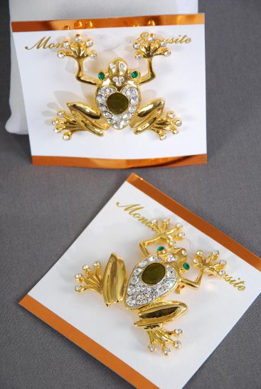 Brooch Gold Frog Enamel Rhinestones /  PC Size - 2" x 2" Wde , Display Card & OPP Bag