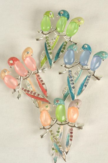 Brooch 3 Birds Parrot Cat eye w Rhinestones / 12 pcs = Dozen Size - 2.5" x 1.5" Wide , Choose Colors , w Display Card